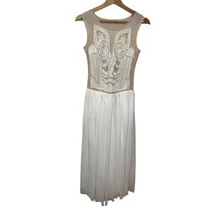 Maje Embroidered Beige & White Sleeveless Midi Dress With Sheer Women Small